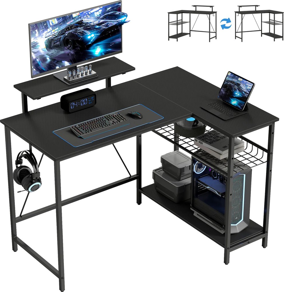 HOMCOM fordítható L-alakú gamer íróasztal monitorállvánnyal és állítható hálós polccal, 114,5 x 82 cm, fekete karbonmintás | Aosom