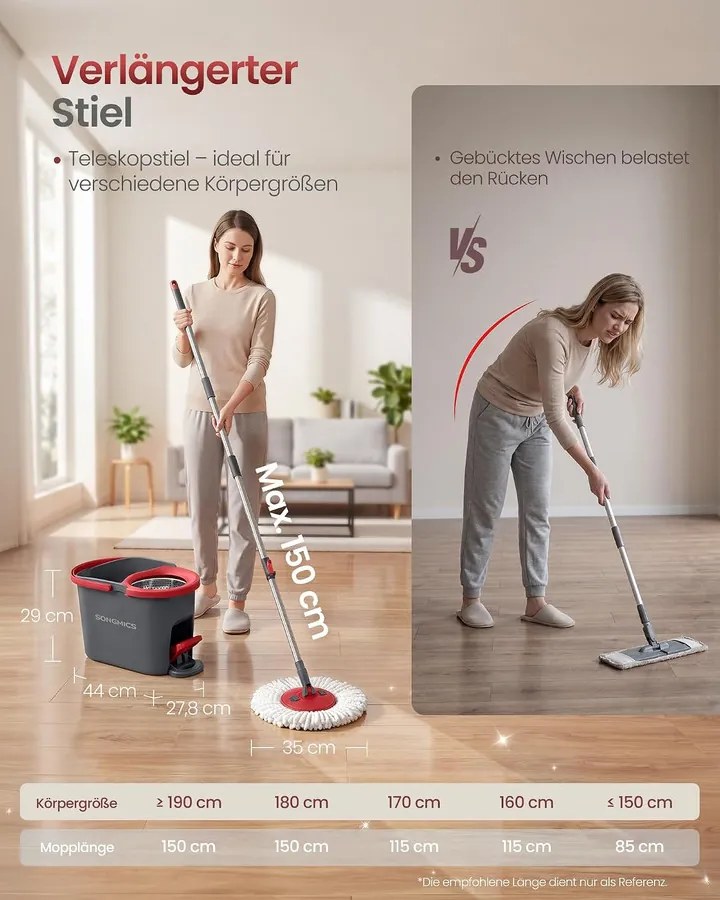 SONGMICS forgófejes felmosó készlet pedálos vödörrel, 4 huzattal, szürke-piros