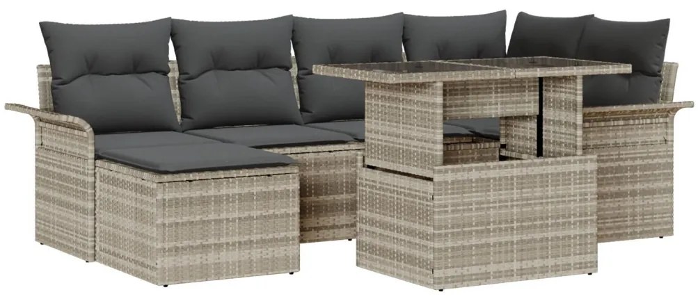 7 Darabos Kerti Kanapészett Párnákkal Világosszürke Poly Rattan, 2-Személyes Kerti Kanapé Tárolóval és Párnákkal Világosszürke Poly Rattan