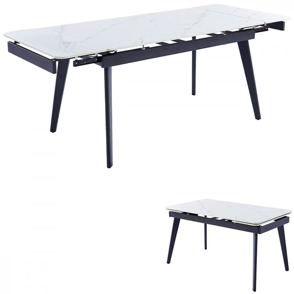 Masă de sufragerie modernă 120+30+30x80 cm cu blat ceramic cu model de marmură albă HT-405M