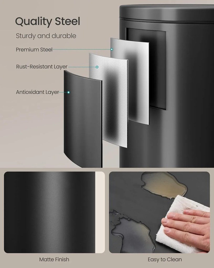 Fém kerek konyhai szemetes, 30 L, pedálos, műanyag belső vödörrel, fekete