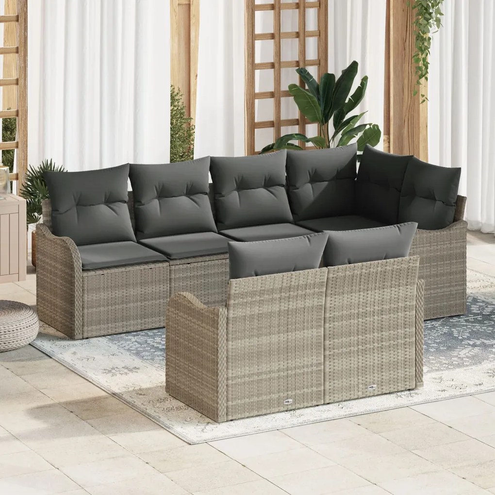 7 darabos világosszürke poli rattan kert kanapé szett párnákkal, 2 üléses kert kanapé tárolóval és párnákkal, világosszürke poli rattan