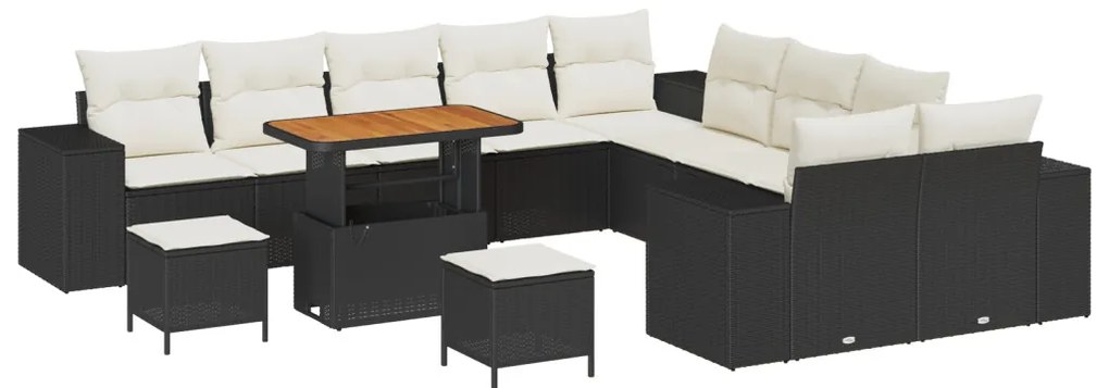 13 Darabos Kert Sofa Szett Párnákkal Fekete Poli Rattan Akácia, 3 Darabos Kert Étkező Szett Párnákkal Fekete Poli Rattan Akácia