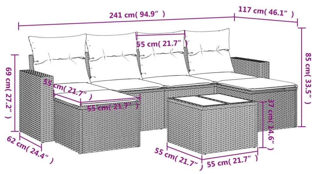 7 részes szürke polyrattan kerti ülőgarnitúra párnákkal