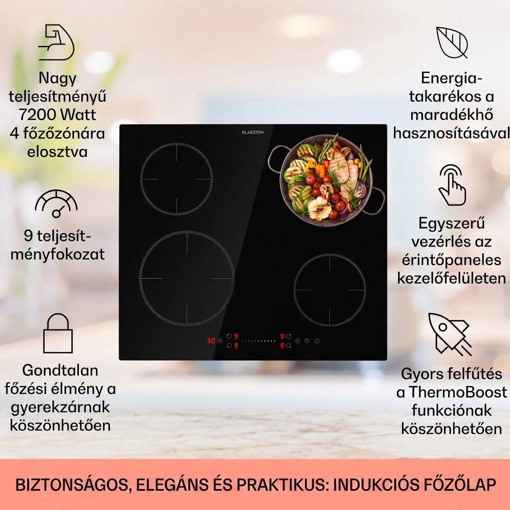 Klarstein Virtuosa EcoAdapt, indukciós főzőlap, 7200 W, 4 zóna, üveg, fekete
