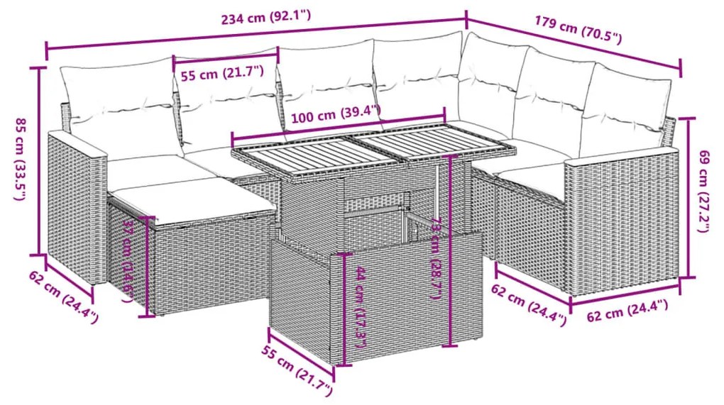 8 részes fekete polyrattan kerti ülőgarnitúra párnákkal