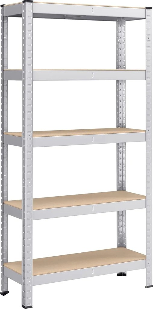 5 szintes polcrendszer, acél polcrendszer tároláshoz, csavarmentes összeszerelés, teherbírás 650 kg, 30 x 75 x 150 cm, ezüst