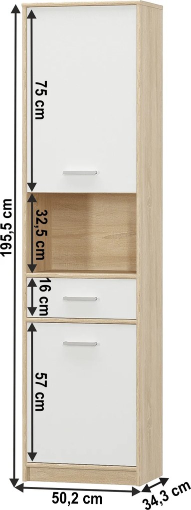 Könyvespolc 2D1S, fehér/tölgy sonoma, TEYO