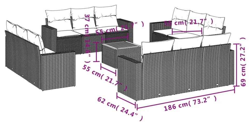 13 részes szürke polyrattan kerti ülőgarnitúra párnákkal