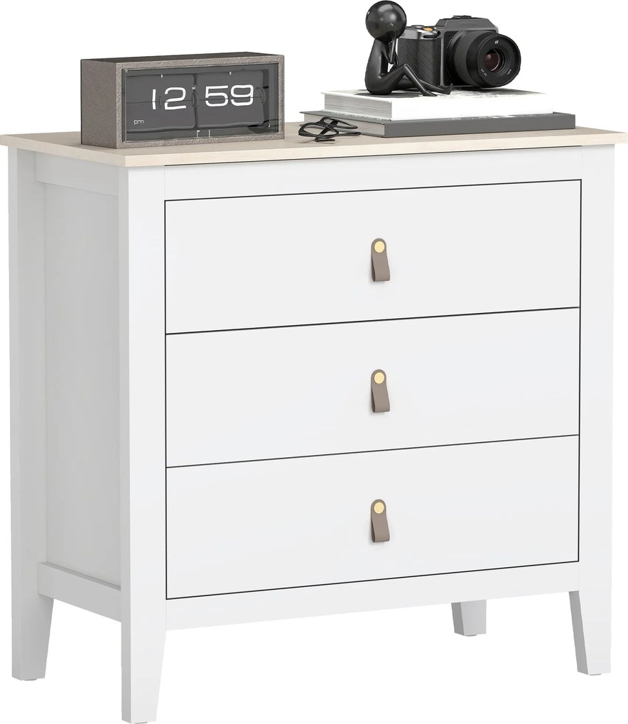 HOMCOM 3-Fiókos Komód a Hálószobába PU Fogantyúkkal, Komód Nappaliba, Előszobába 80x40x78.5 cm Fehér | Aosom