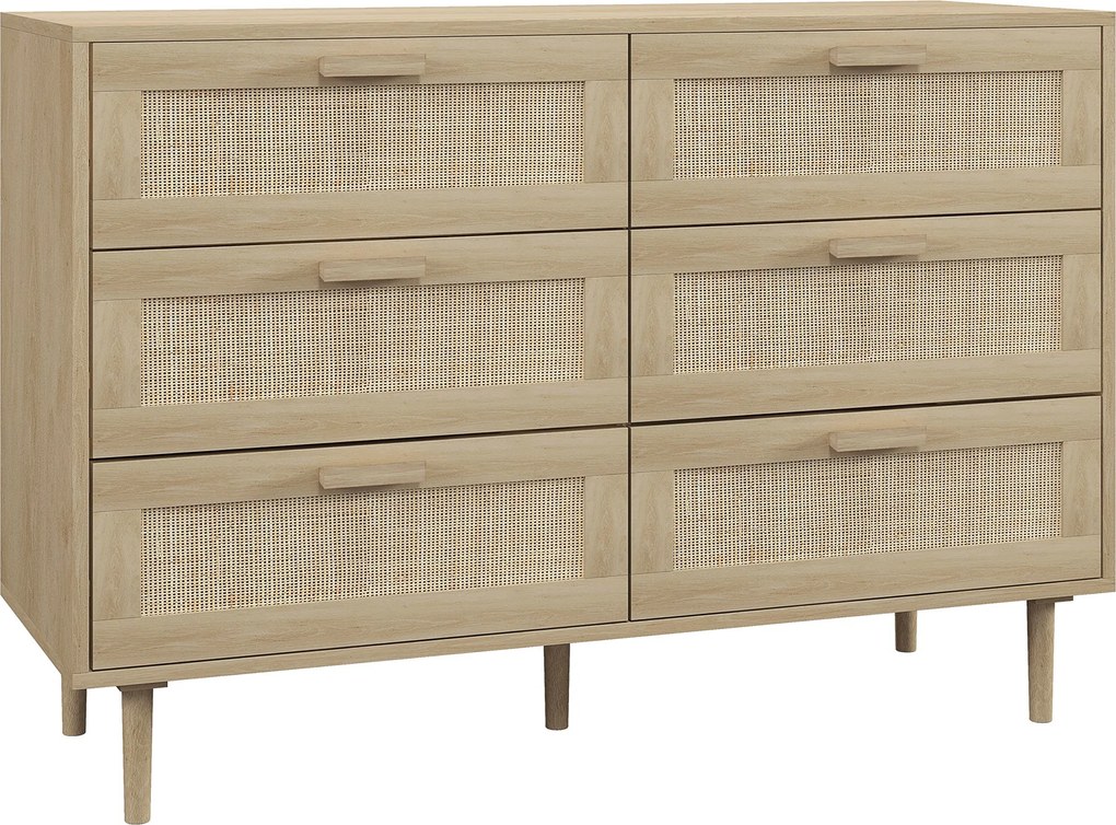 HOMCOM 6 fiókos tárolószekrény fonott előlappal, 110L x 40W x 75H cm, világos fa hatás | Aosom