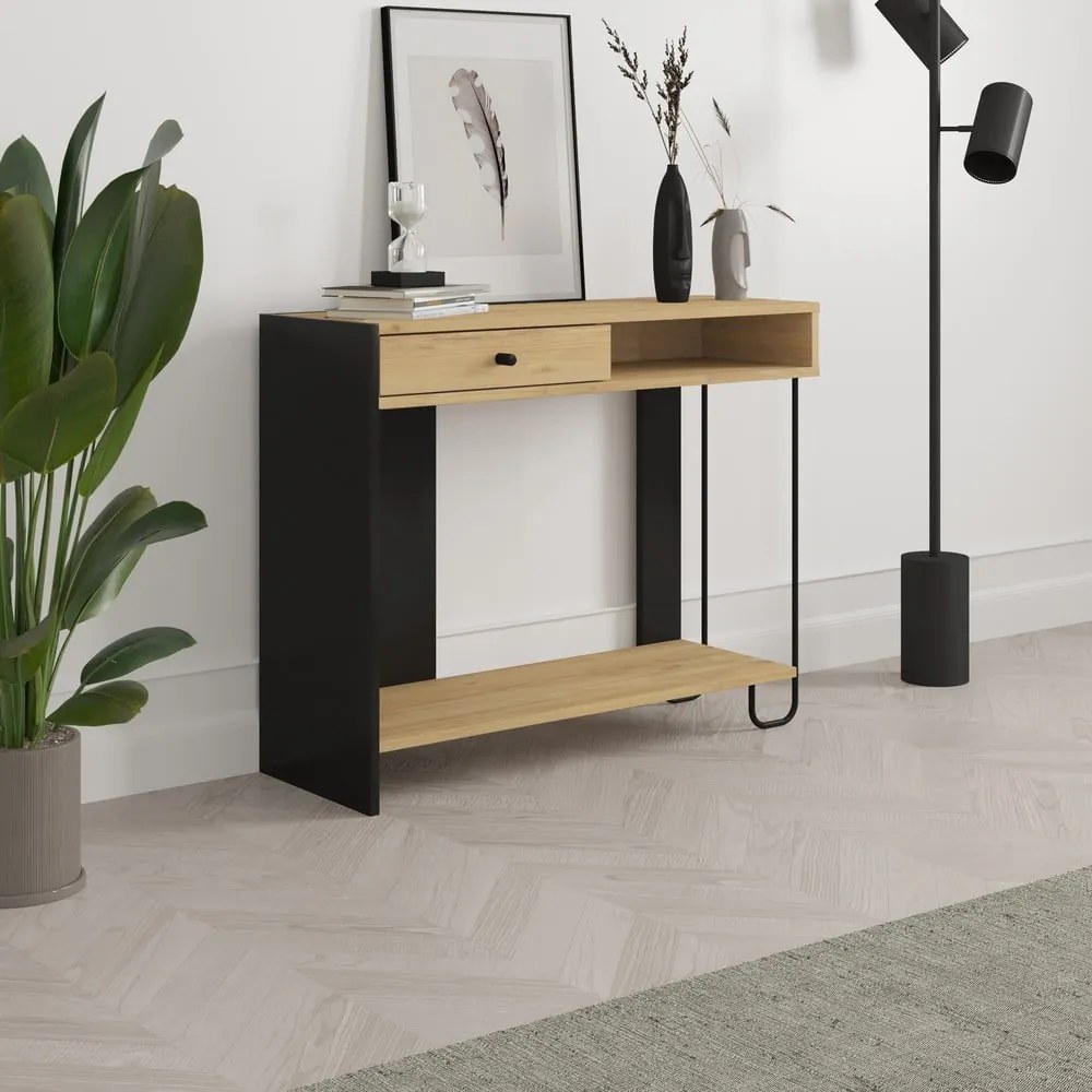 Fekete-natúr színű konzolasztal tölgyfa dekoros asztallappal 35x100 cm Saturne – Marckeric