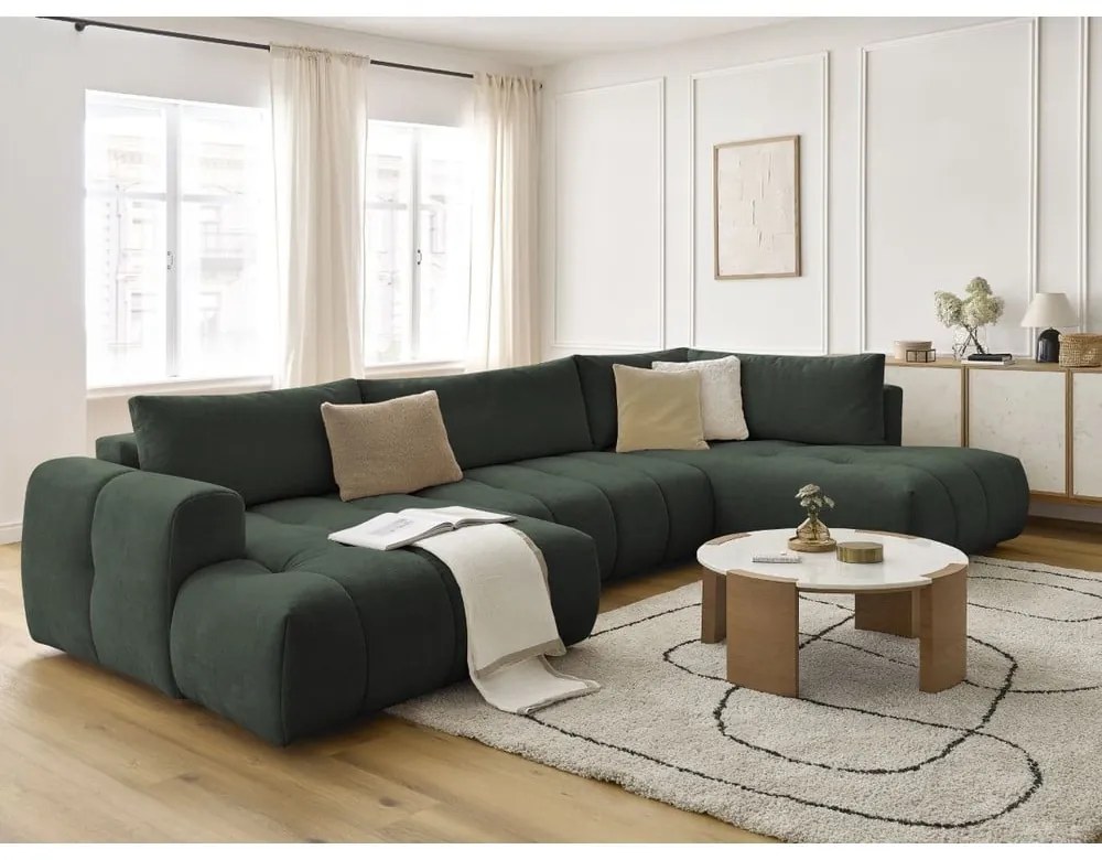 Zöld kinyitható-tárolóhelyes sarokkanapé (jobb oldali-U alakú) Fuji – Bobochic Paris