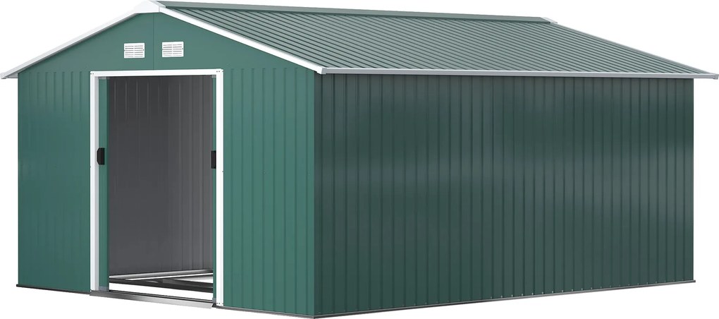 Outsunny 12,4 m²-es Kerti Szekrény, Tetővel, Csúszóajtóval, Alappal, 386 x 340 x 200 cm, Horganyzott Acélból Készült, Időjárásálló, Kerthez, Sötétzöld