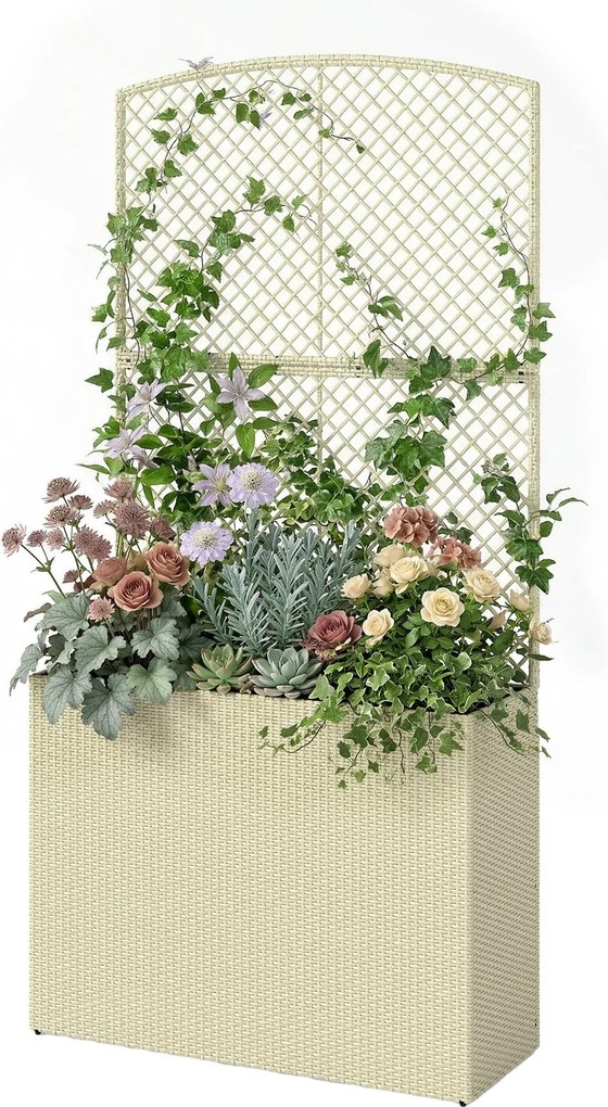Outsunny rattan virágláda léctámasztékkal, nagy emelt kerti ágy béléses, 80 x 30 x 163 cm | Aosom