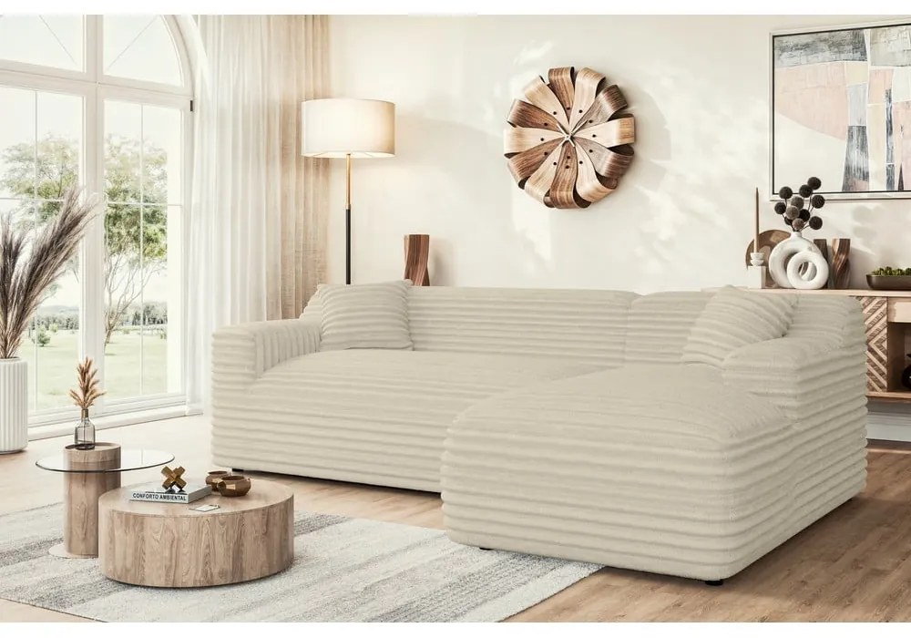 Bézs kordbársony sarokkanapé (jobb oldali-heverő résszel) Martin – Ropez