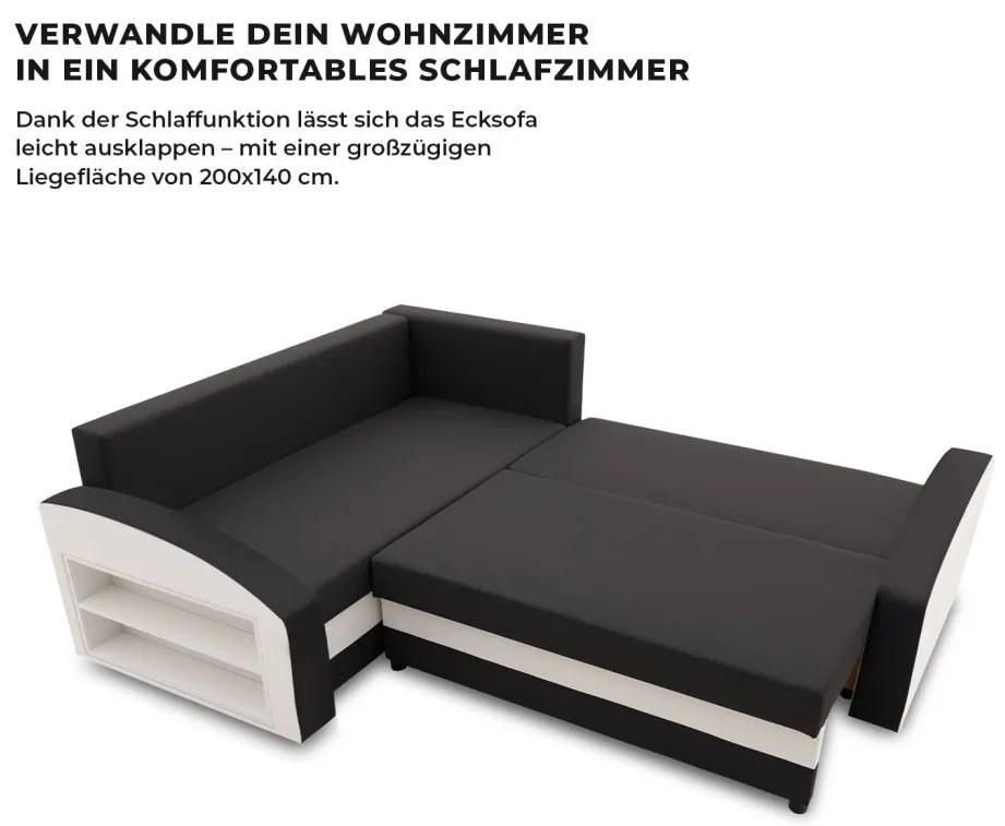 Grande sarokkanapé polcokkal , polc a bal karfaban, baloldali, szövet anyag, bonell töltet, fekete - fehér