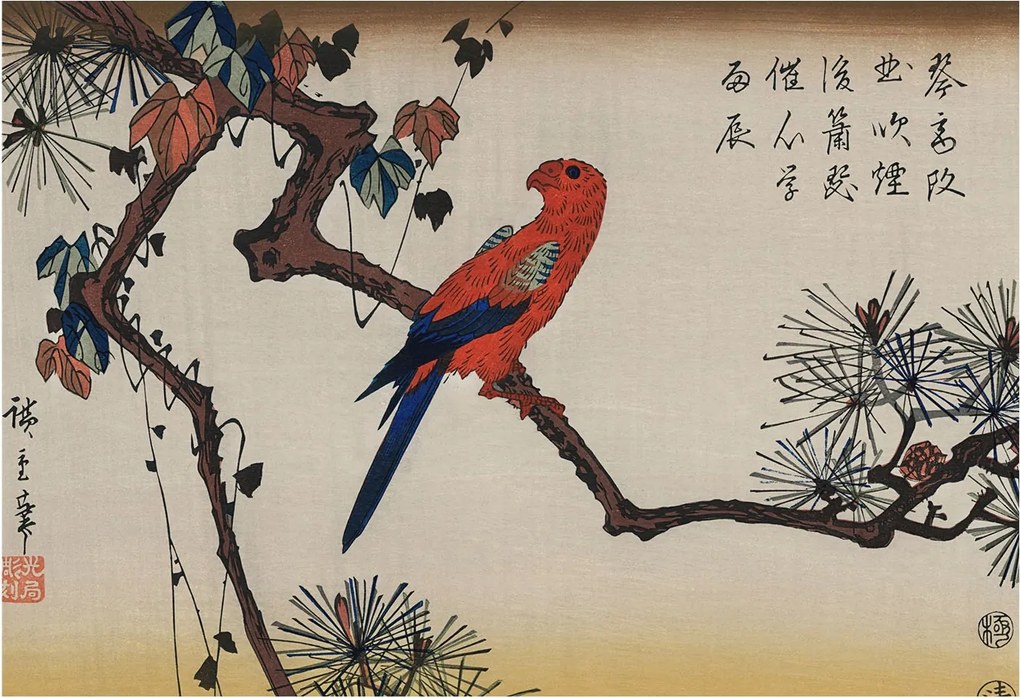 Divatos Flizelin tapéta 3D ragasztóval Fali madár az ágon 152x104 Ragasztó