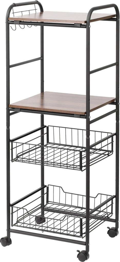 HOMCOM Konyhai Kocsi Kerekekkel 2 Polccal, 2 Kivehető Kosárral és 4 Akasztóval a Étkezőhöz és Fürdőszobához 40x38x111 cm Faragott és Fekete | Aosom