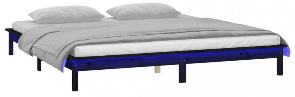 fekete tömör fa ágykeret LED-világítással 200 x 200 cm