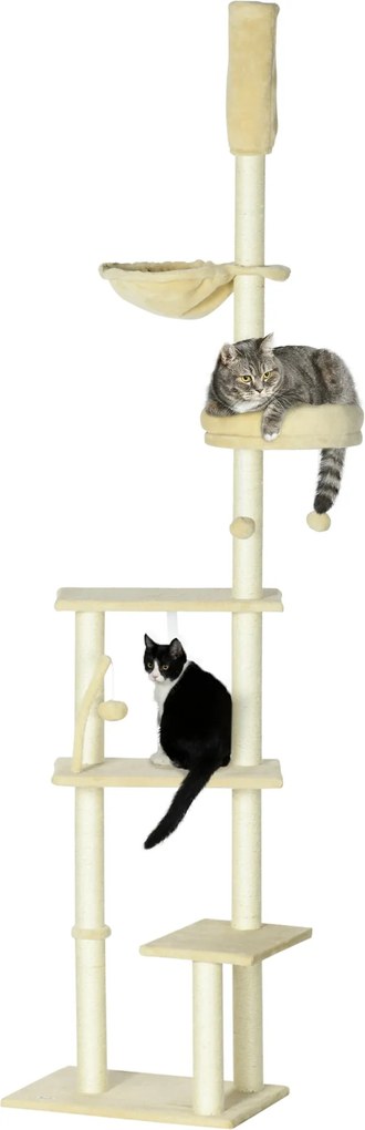 PawHut Padlótól A Mennyezetig Terjedő Macska Fáról Szőrhúzóoszlop Macskáknak Állítható Magassággal, Több Platformmal, Kosarakkal, Függőhintákkal és La