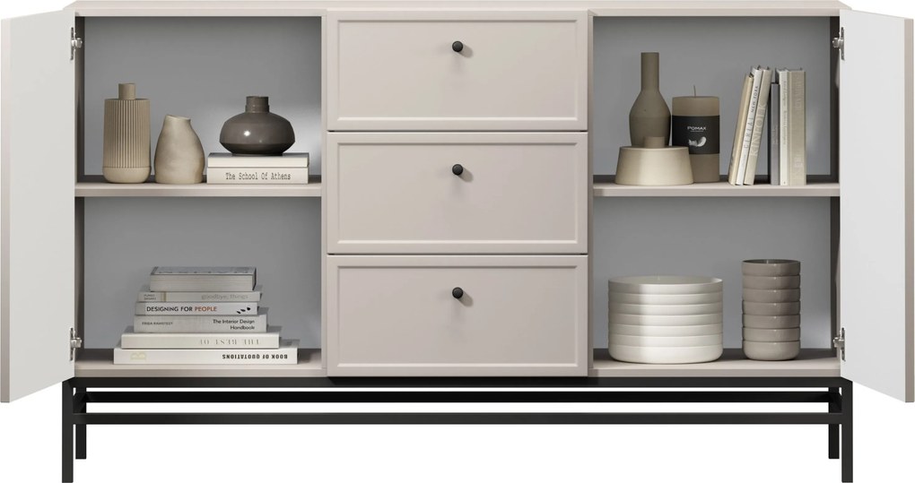 Lorini komód 150 cm fiókokkal - kasmír / fekete fogantyúk / fém lábak