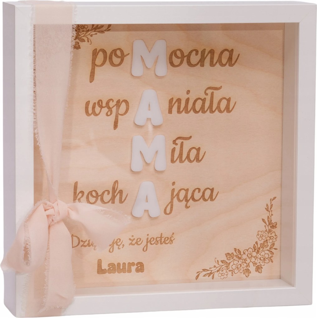 3D képkeret gravírozással – személyre szabott ajándék anyák napjára, fa, fehér