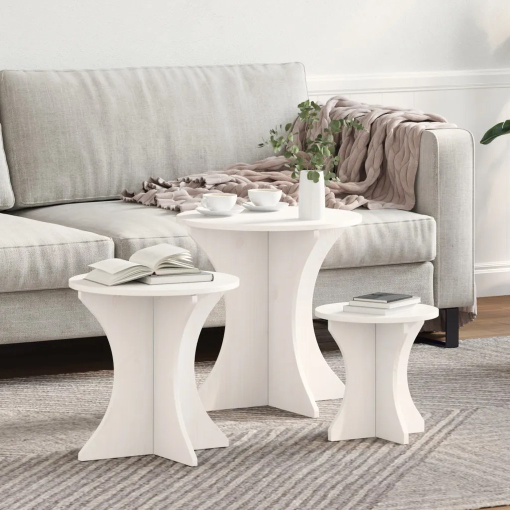 Dohányzóasztal 3 pcs Fehér 46 x 46 x 47 cm Tömör fenyőfa