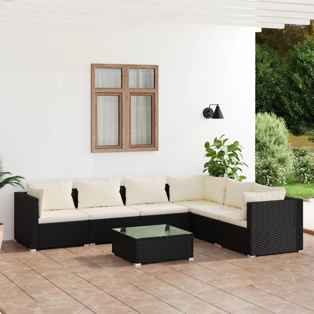 7 részes fekete polyrattan kerti ülőgarnitúra párnákkal