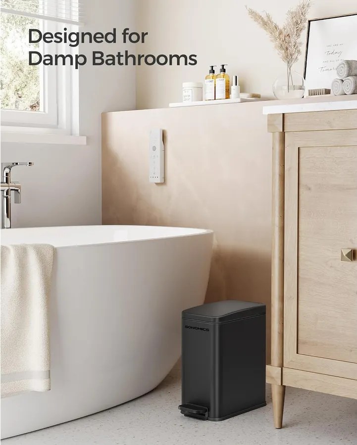 Fürdőszobai szemetes, 5 literes, rozsdamentes acél szemetes, fekete