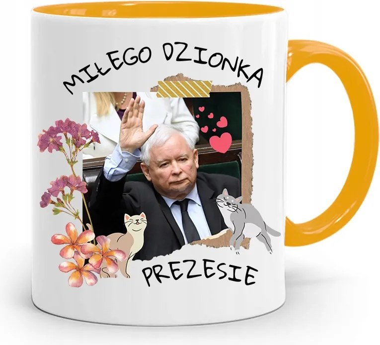 Sárga Vicces Bögre Jaroslaw Kaczynski felirattal, fényképpel
