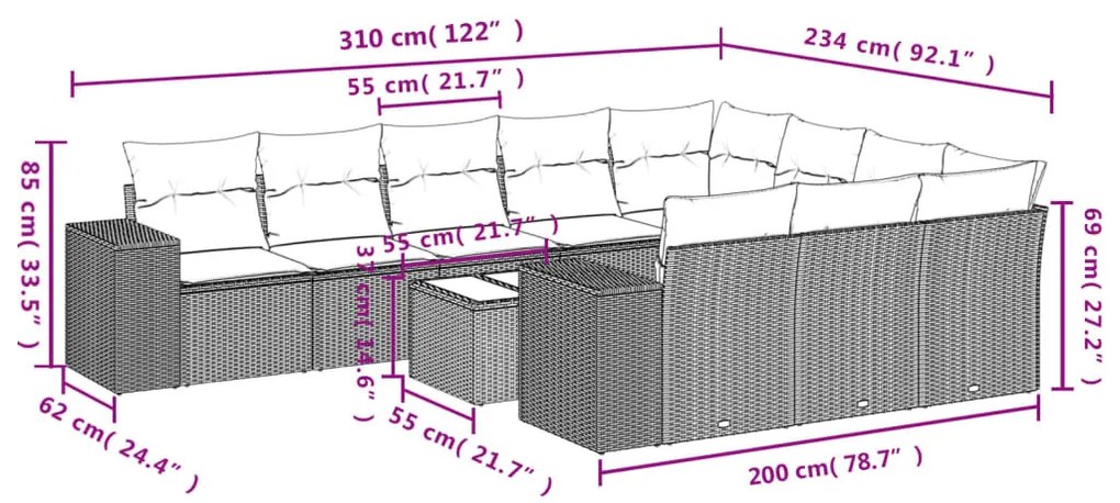 11 részes világosszürke polyrattan kerti ülőgarnitúra párnákkal