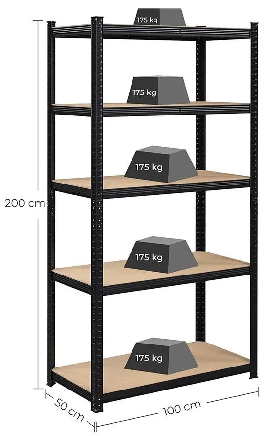 Nagy teherbírású salgó polc, Fém tároló polc 50x100x200 cm, fekete