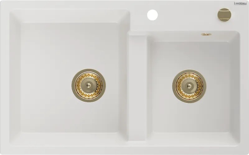 Mexen Tomas 2 rekeszes gránit mosogató 800 x 500 mm, fehér, arany szifon - 6516802000-20-G