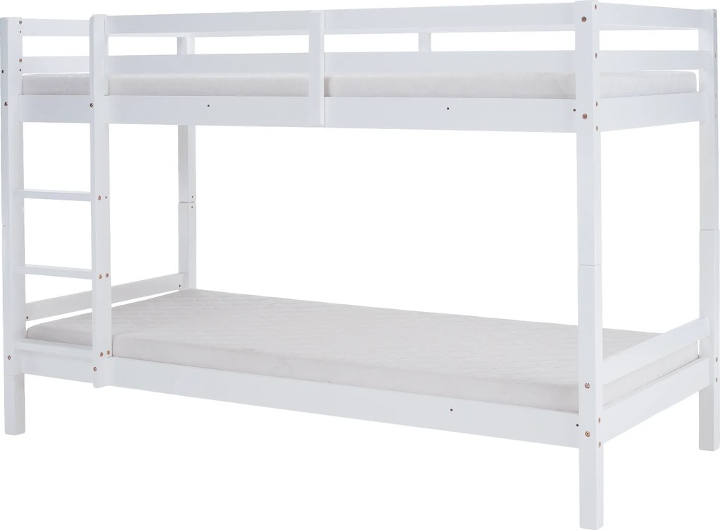 Emeletes ágy, 90x200, tömör fa, fehér, INEZA