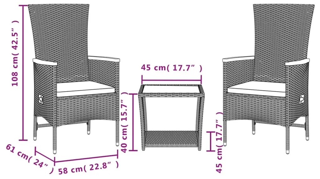 3 részes fekete polyrattan kerti étkezőgarnitúra párnákkal