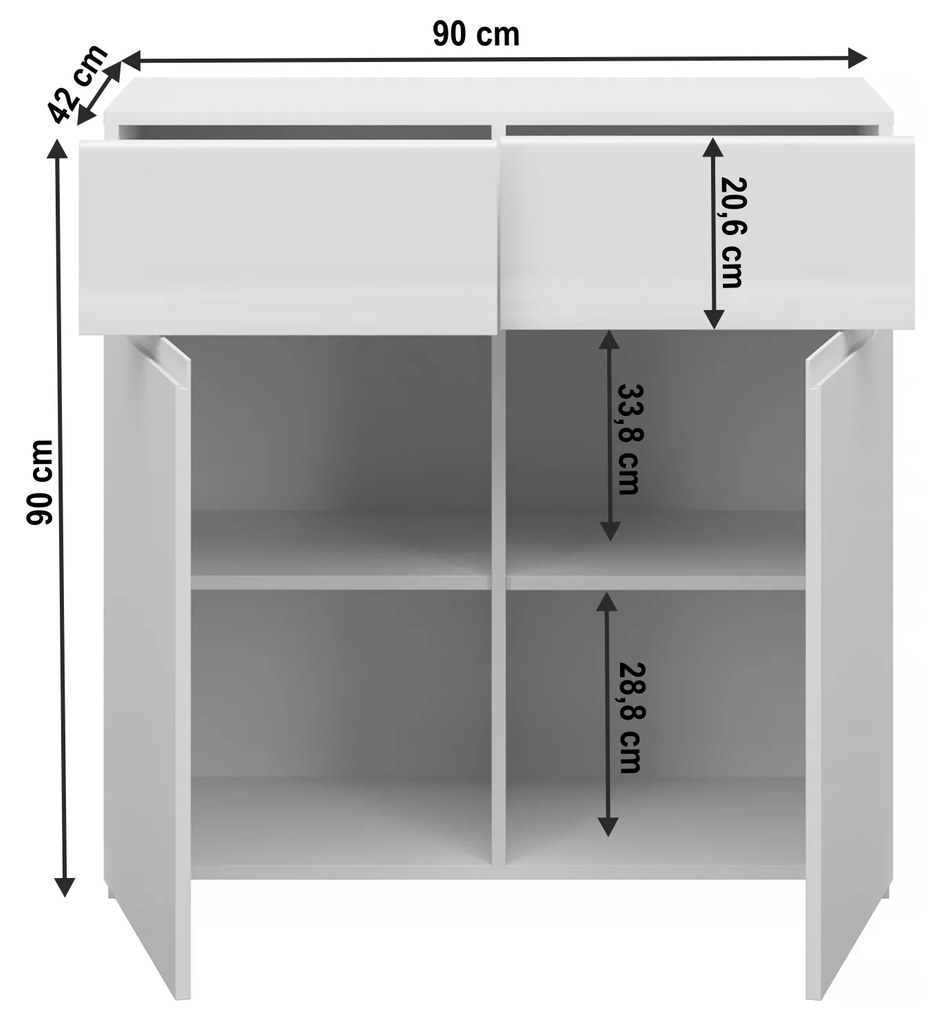 Komód 2D2S, fehér/fehér extra magas fényű HG, JOLK