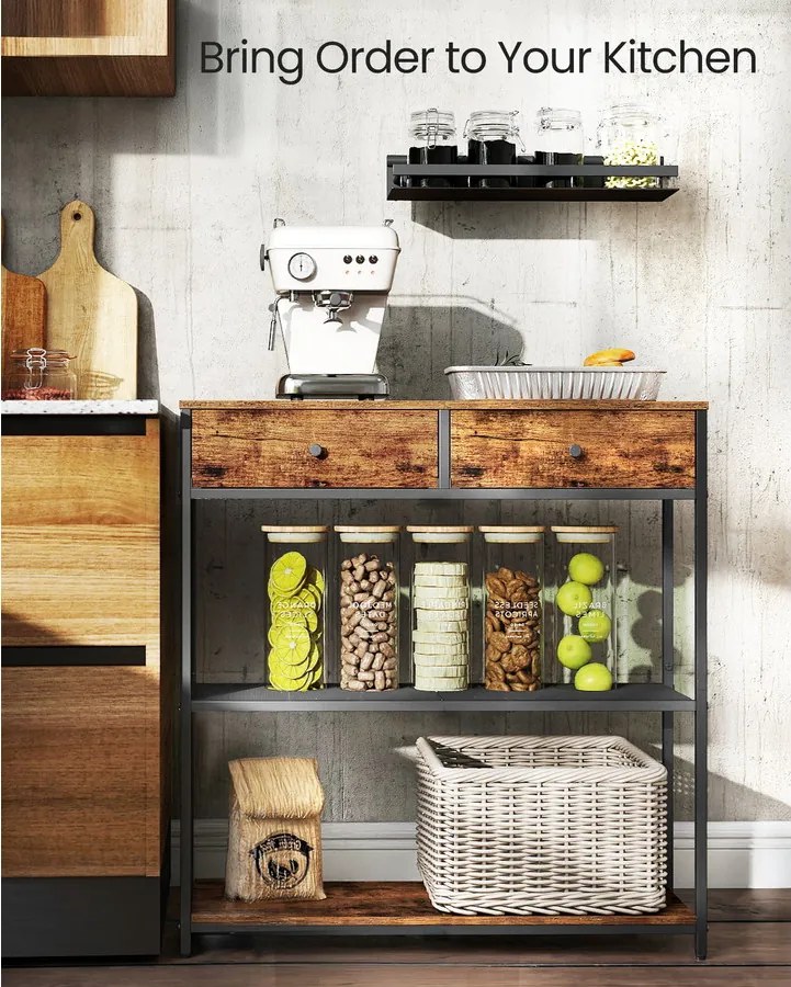 Keskeny konzolasztal 2 fiókkal, 3 szintes, rusztikus barna és fekete színben