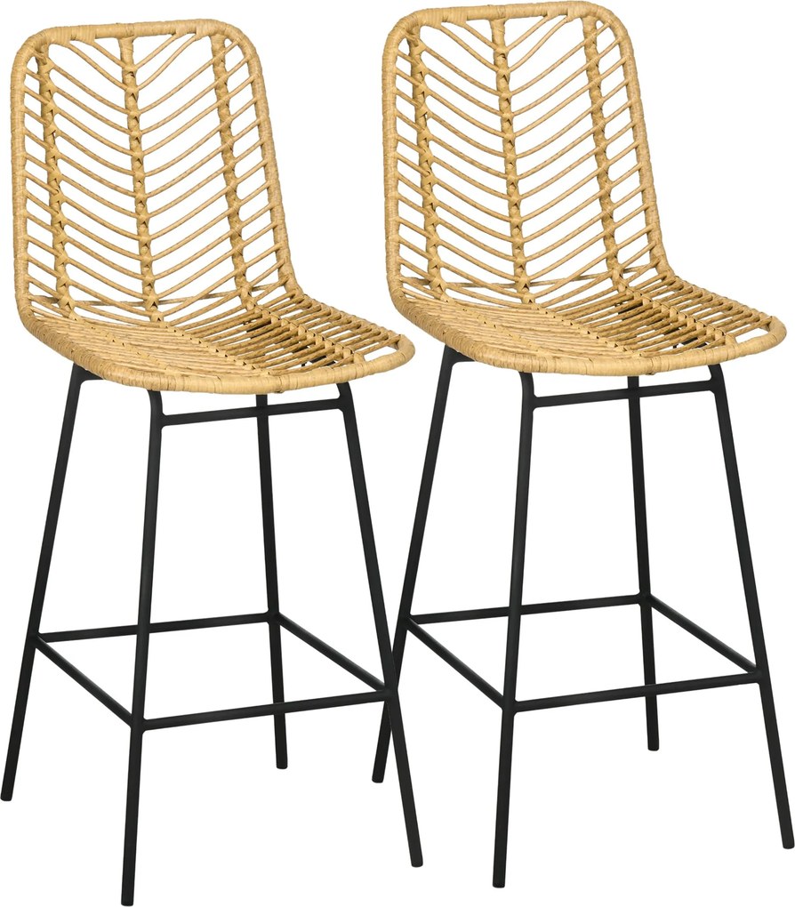 HOMCOM 2 db Bárszék, PE Rattan Váz, Háttámlás, Konyhai Székek Beépített Lábpihentővel, Konyhai, Nappali és Étkező Bárszékek, Boho Stílus, Sárga | Aoso