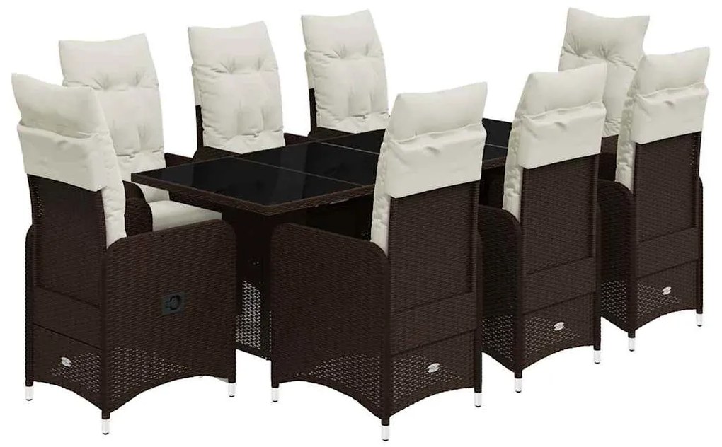 9 részes barna polyrattan kerti bisztrógarnitúra párnákkal