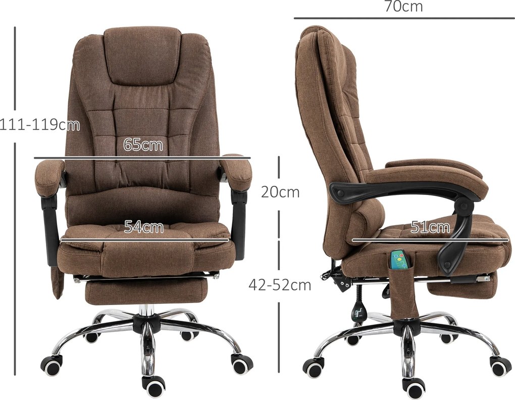 Vinsetto Masszírozó és Fűthető Irodai Szék Ergonomikus Irodai Szék Állítható Magasságú Hátradönthető Támaszlábbal + Beépített Derékpárnával Barna | Ao