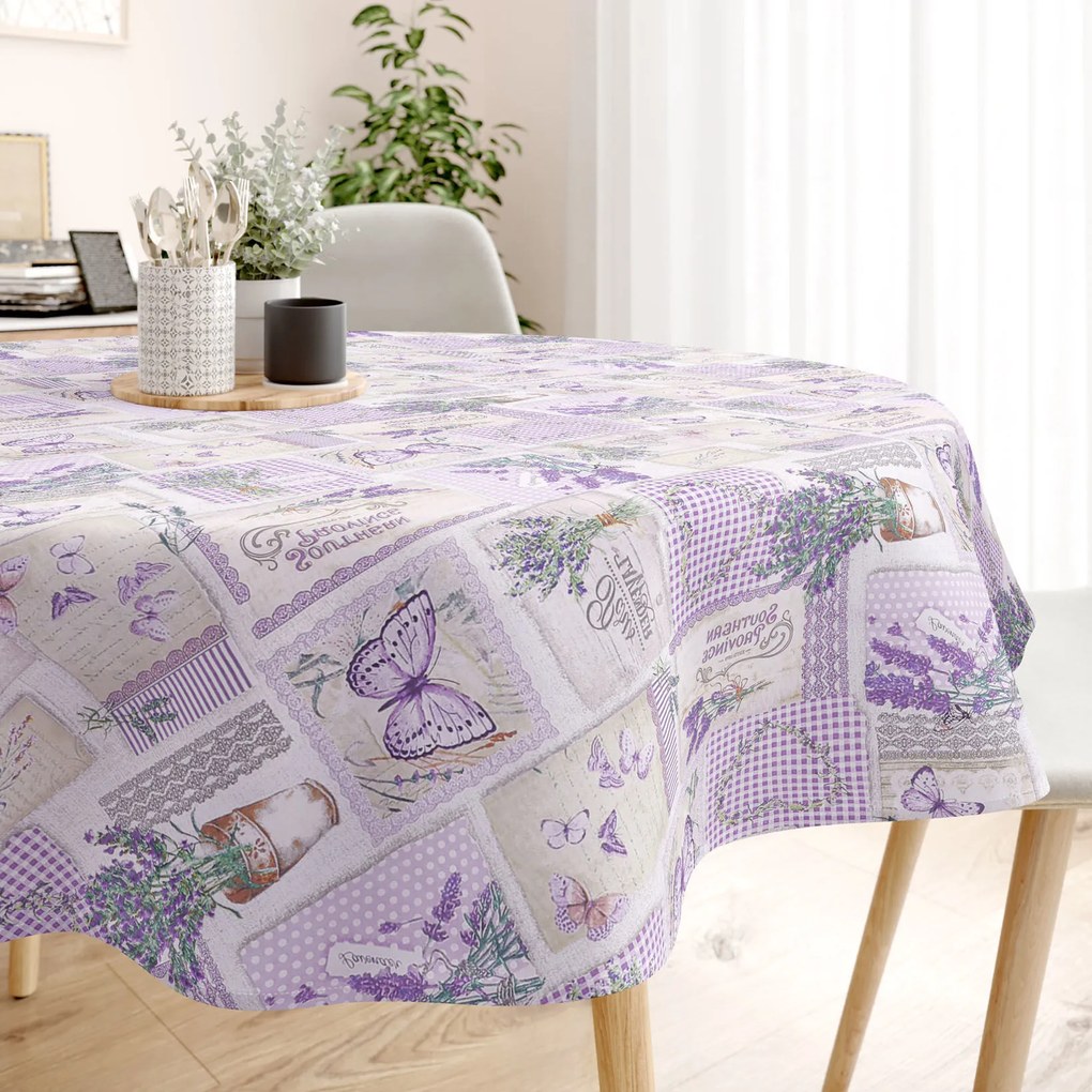 Goldea kör alakú pamut terítő - patchwork levandula és pillangó mintás Ø 110 cm