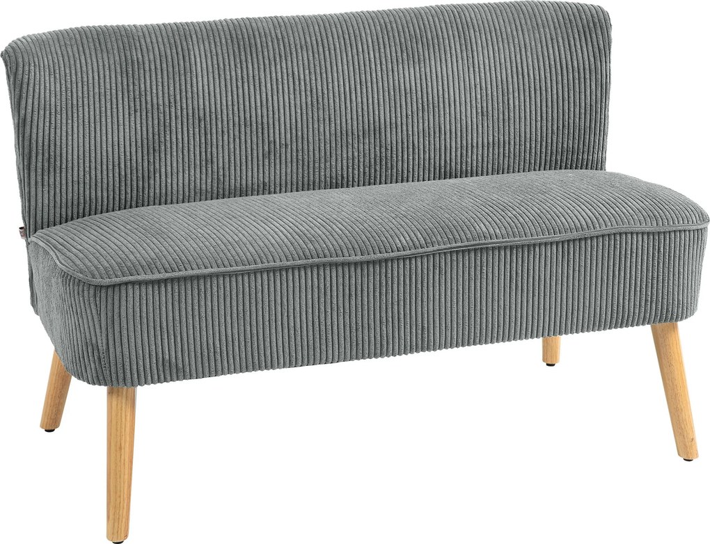 HOMCOM 2 személyes modern kanapé karfa nélkül kordbársonyos megjelenéssel, kicsi lounge kanapé fából készült lábakkal, 117 x 56,5 x 77 cm, szürke | Ao