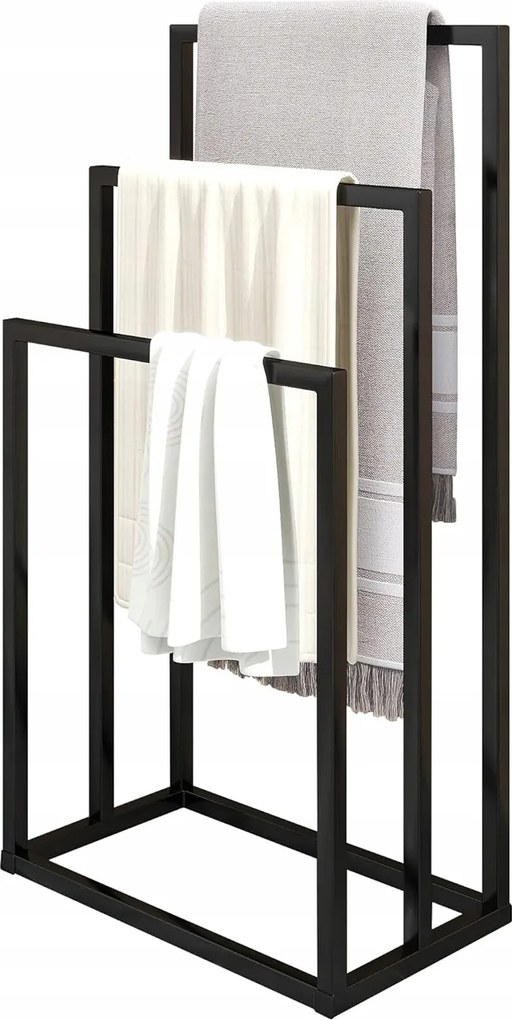 Szabadon álló törölközőtartó, fekete, fém, praktikus, mobil