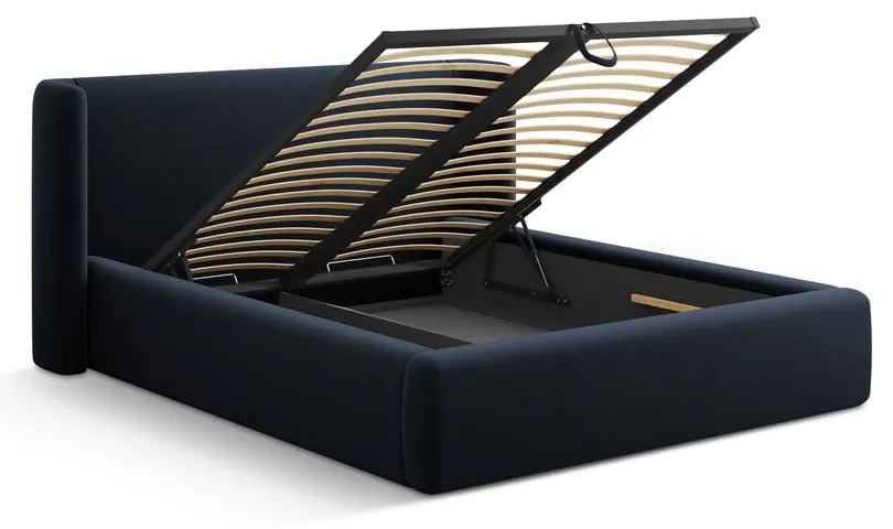 Sötétkék kárpitozott ágyneműtartós franciaágy ágyráccsal 180x200 cm Jason – Windsor &amp; Co Sofas