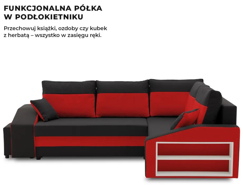 Grande sarokkanapé polcokkal és puffokkal , polc a jobb karfaban puffok a bal karfaban, jobboldali, szövet anyag, bonell töltet, fekete - piros