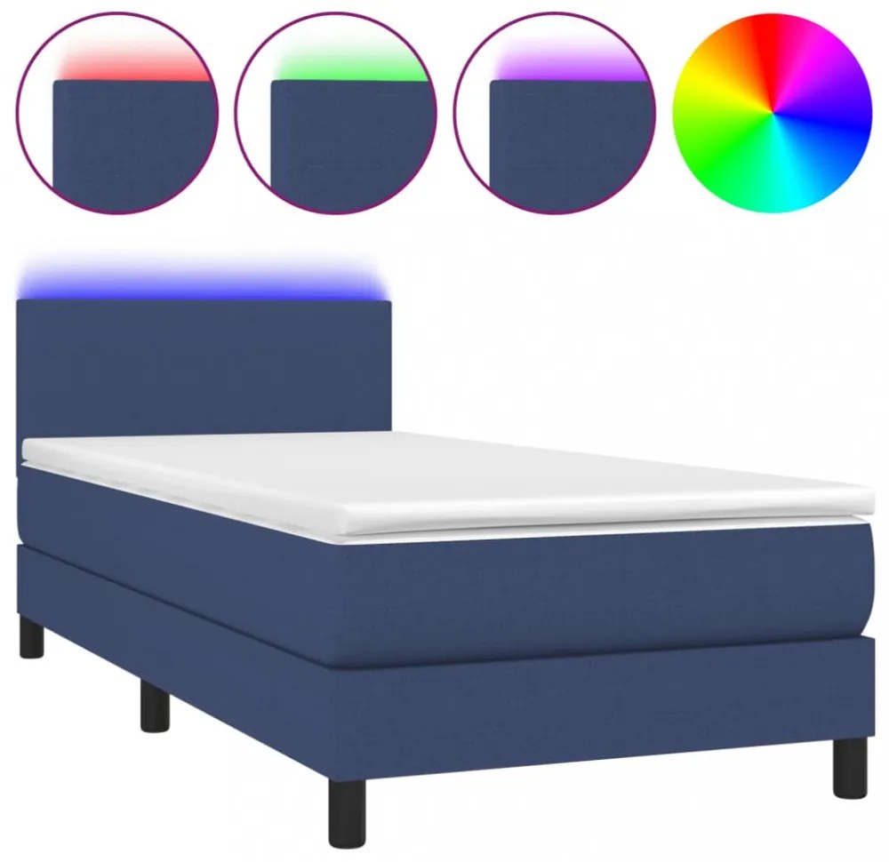 kék szövet rugós és LED-es ágy matraccal 90x200 cm