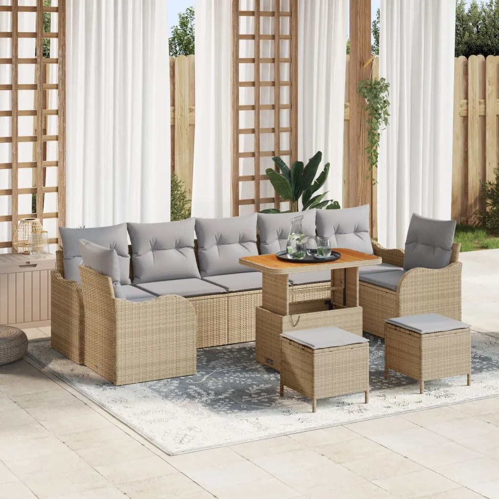 10 részes kert kanapé szett párnákkal Bézs Poly Rattan, 2 személyes kert kanapé tárolóval és párnákkal Bézs Poly Rattan, 3 részes kert étkező szett párnákkal Bézs Poly Rattan