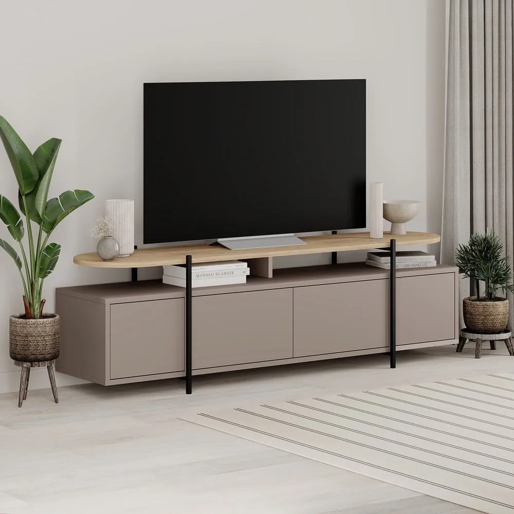 Szürke-bézs TV-állvány tölgyfa dekorral 160x48 cm Hinoa – Marckeric