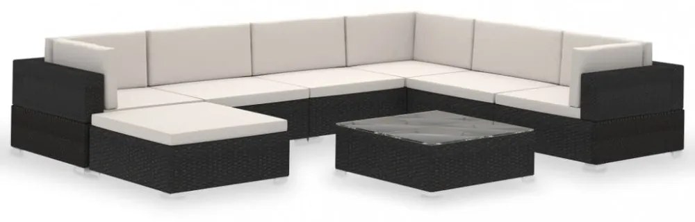 8-részes fekete polyrattan kerti bútorszett párnákkal